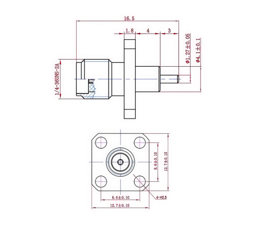 ВЧ разьём SМА(female) для установки на корпус на 4 винта, хвостовик 4х3мм
