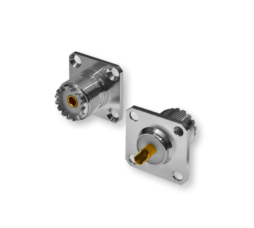 ВЧ разъем UHF (female) SO239 фланцевый U-245 для установки на корпус — розетка с квадратным фланцем на 4 винта