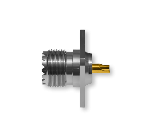 ВЧ разъем UHF (female) SO239 фланцевый U-245 для установки на корпус — розетка с квадратным фланцем на 4 винта