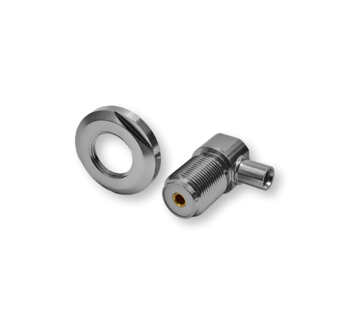 ВЧ разьём UHF(female) SO239 приборно-кабельный с гайкой, обжимной, угловой на кабель RG-58